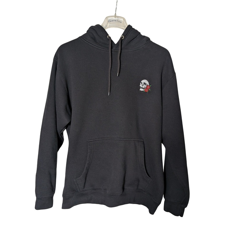 Fashion Nova Men's Black Skull Rose Embroidered Pullover Hoodie Sweatshirt‎